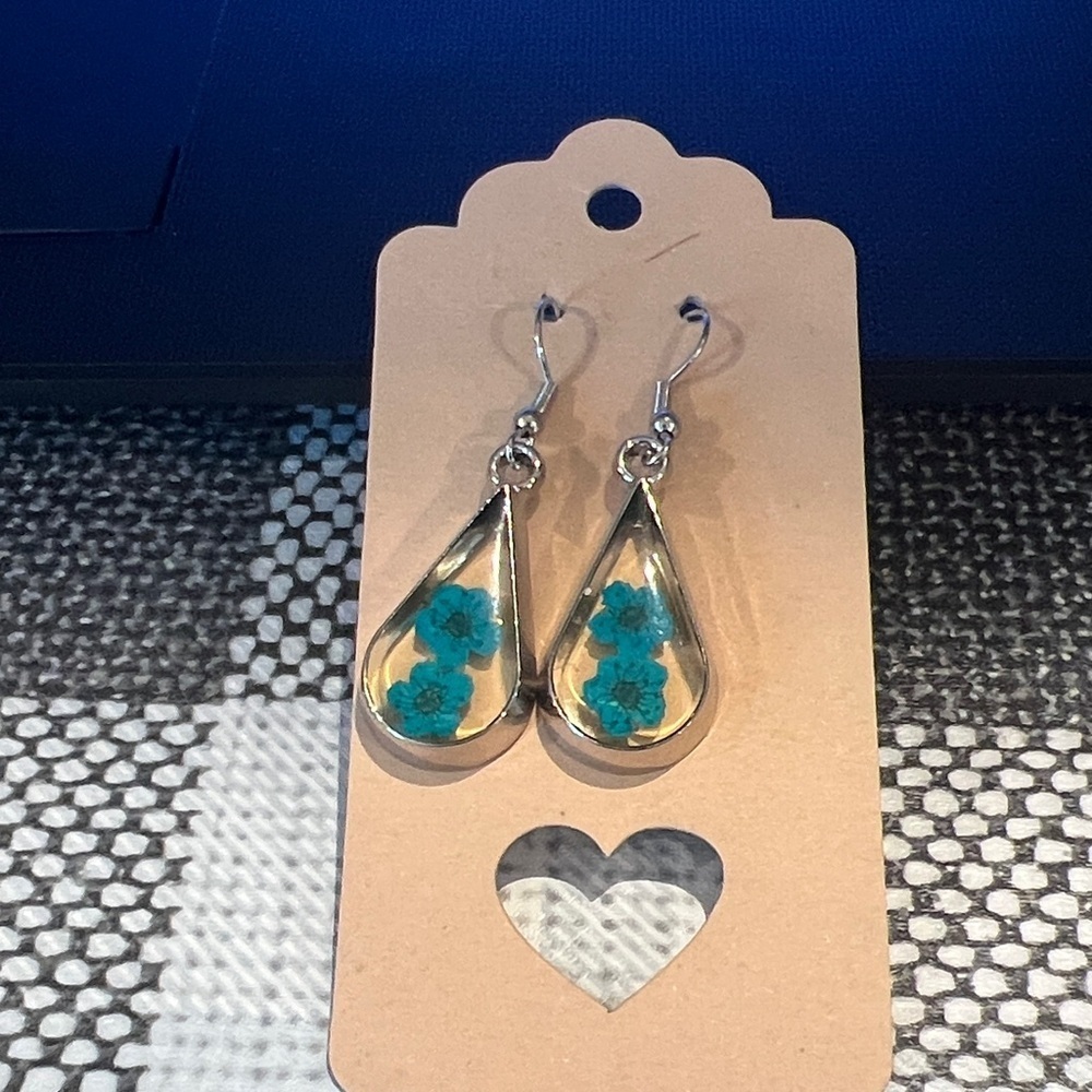 Teardrop Earrings with Silver and Blue Floral Design